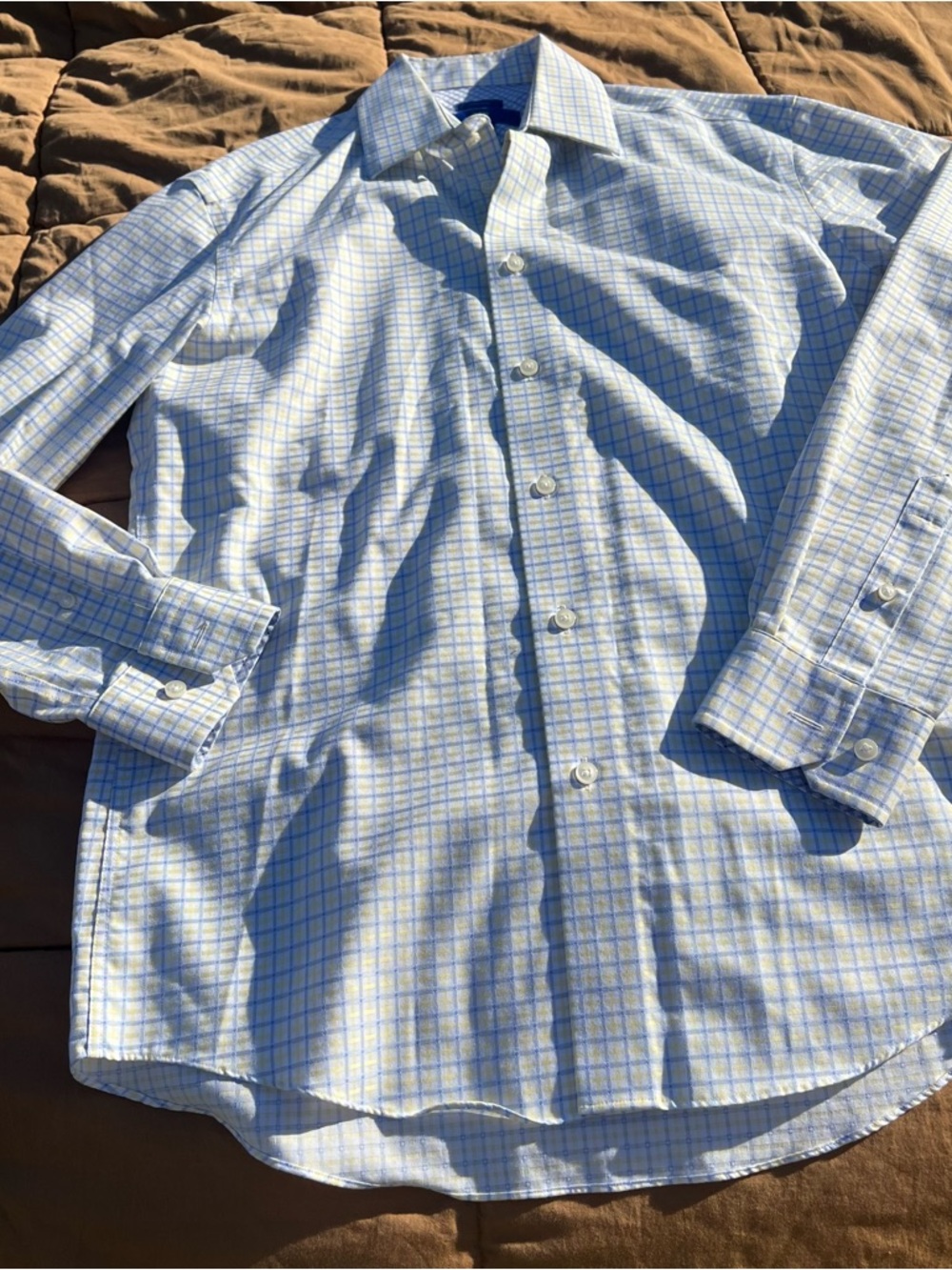 Egara Light Blue and Yellow Windowpane Dress Shirt Non-Iron Cotton Size Medium